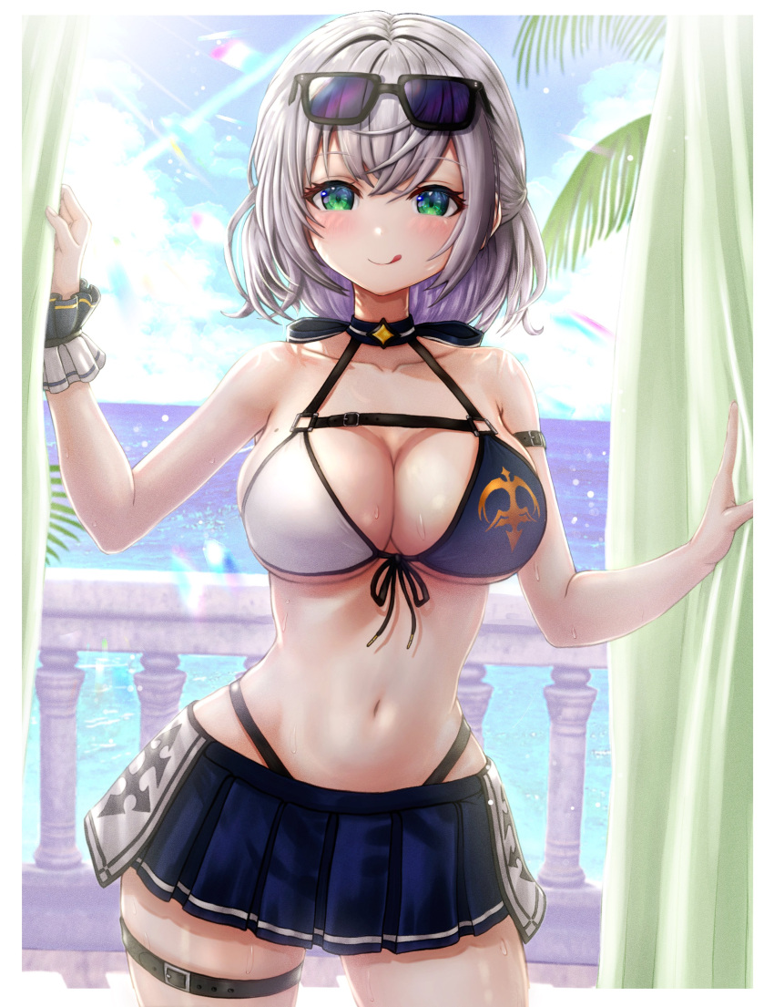 1girl :q absurdres arm_strap balcony bangs bikini bikini_top_only blue_bikini blue_sky blush breasts cleavage closed_mouth cloud collarbone curtains day eyewear_on_head green_eyes highres hololive large_breasts licking_lips looking_at_viewer medium_hair mole mole_on_breast navel ocean pleated_skirt revision shirogane_noel short_hair silver_hair skirt sky smile solo standing stomach sunglasses sunlight swimsuit symbol-only_commentary thigh_strap thighs tongue tongue_out two-tone_bikini virtual_youtuber wajuniorbox water white_bikini window wrist_cuffs