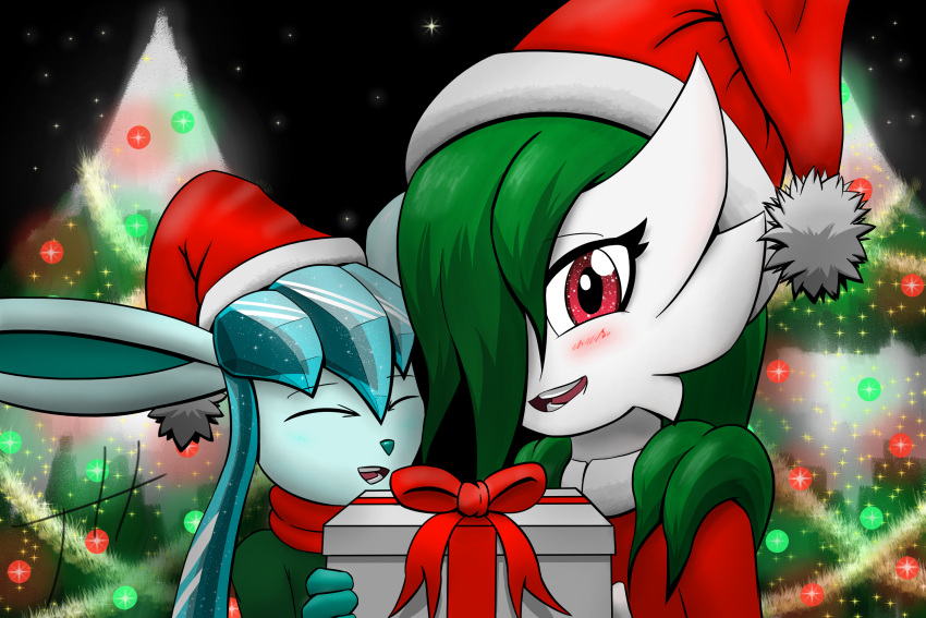 2021 blue_body blue_fur blush blush_lines christmas christmas_clothing christmas_headwear christmas_present christmas_tree clothing detailed_background duo eeveelution eyes_closed female feral fur gardevoir ghostth39 glaceon glistening glistening_eyes green_hair hair hair_over_eye hat headgear headwear hi_res holidays humanoid long_hair male nintendo not_furry one_eye_obstructed open_mouth plant pok&eacute;mon pok&eacute;mon_(species) red_eyes ruby_(ghostth39) santa_hat signature tree video_games