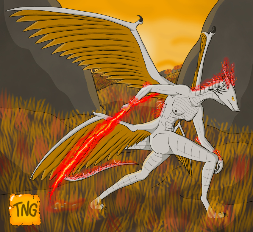 4_wings ancient_dragon_lansseax anthro blade dragon female hi_res lightning multi_wing nude red_lighting solo the_nameless_guy wings
