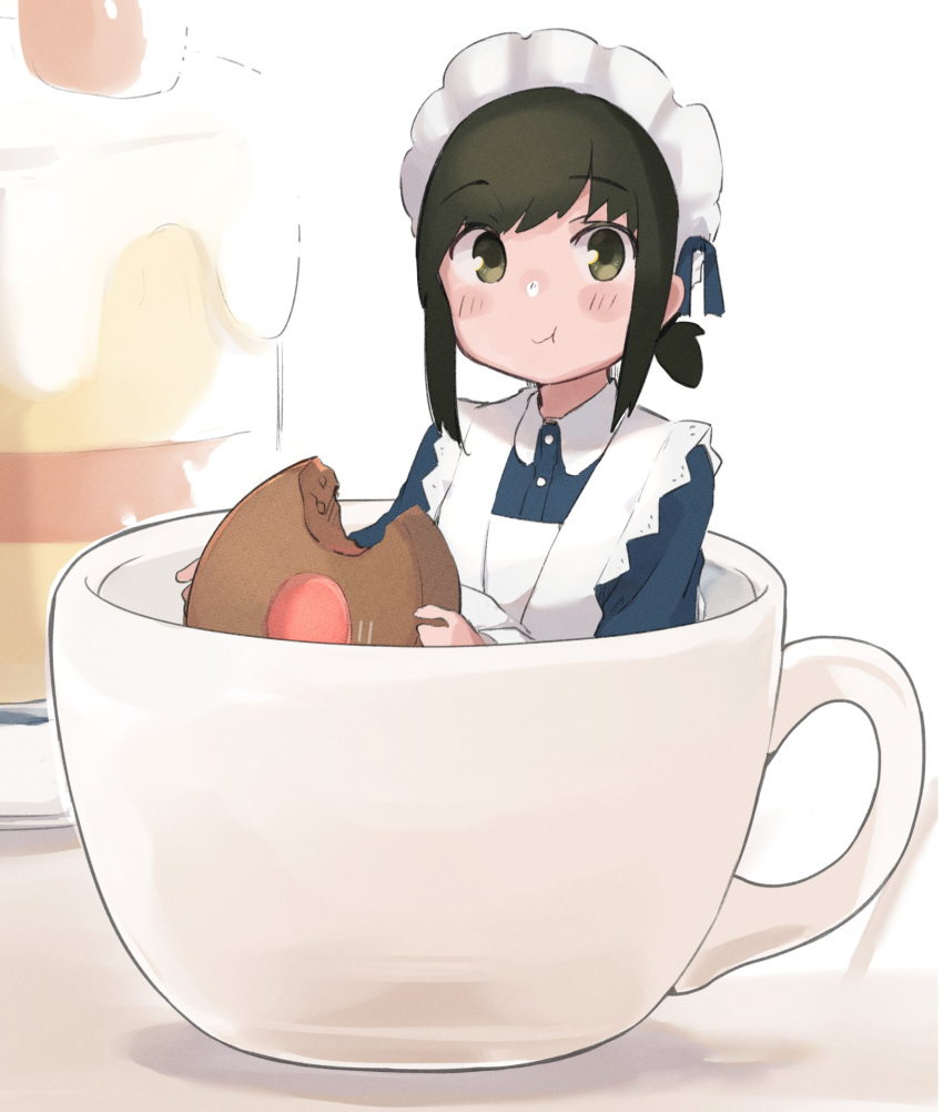 1girl alternate_costume black_hair blush cake collar cup dessert eating enmaided food fubuki_(kancolle) green_eyes highres icing kantai_collection looking_at_viewer low_ponytail ma_rukan maid maid_headdress one-hour_drawing_challenge simple_background