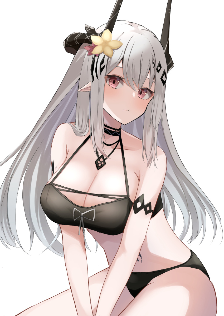 1girl absurdres arknights armlet bangs bare_shoulders bikini black_bikini blush breasts cleavage closed_mouth eyebrows_behind_hair flower frown hair_flower hair_ornament highres horns jewelry kunizaki large_breasts long_hair mudrock_(arknights) mudrock_(silent_night)_(arknights) necklace official_alternate_costume oripathy_lesion_(arknights) pointy_ears red_eyes silver_hair simple_background sitting solo swimsuit white_background yellow_flower