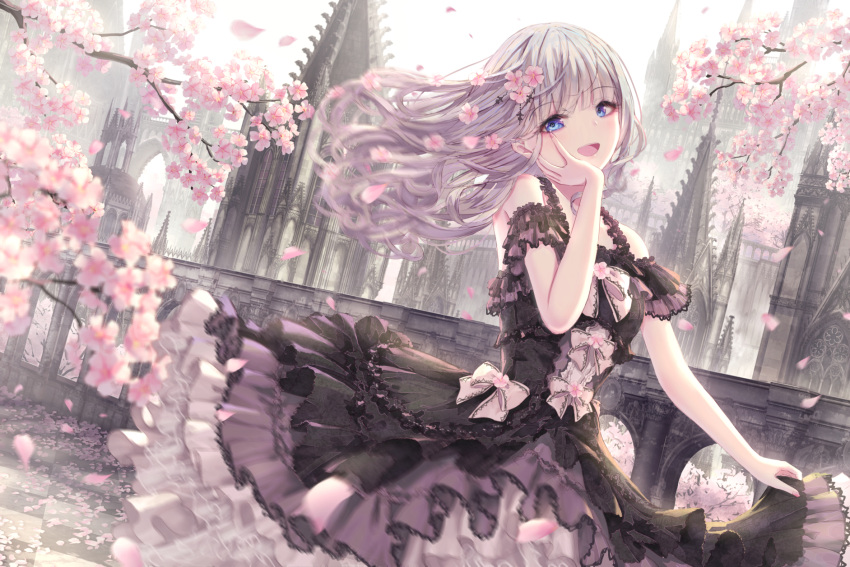 1girl architecture bangs bare_arms bare_shoulders blue_eyes bow breasts cherry_blossoms clothes_lift commentary dress english_commentary falling_petals floating_hair flower fog frilled_dress frilled_skirt frills gothic gothic_architecture gothic_lolita hair_flower hair_ornament hand_on_own_face highres layered_dress layered_skirt lolita_fashion long_hair looking_at_viewer looking_to_the_side missile228 open_mouth original outdoors petals silver_hair skirt skirt_lift small_breasts smile standing wavy_hair