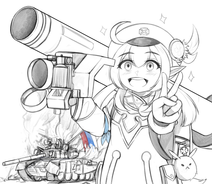 1girl ahoge bangs cabbie_hat commentary_request eyebrows_visible_through_hair fire genshin_impact ground_vehicle hair_between_eyes hat highres holding holding_rocket_launcher holding_weapon kkgusxo klee_(genshin_impact) long_hair long_sleeves looking_at_viewer low_twintails military military_vehicle motor_vehicle open_mouth partially_colored pointy_ears rocket_launcher russian_flag russo-ukrainian_war sidelocks sketch solo star_(symbol) tank teeth twintails upper_body upper_teeth v weapon z_(russian_symbol)