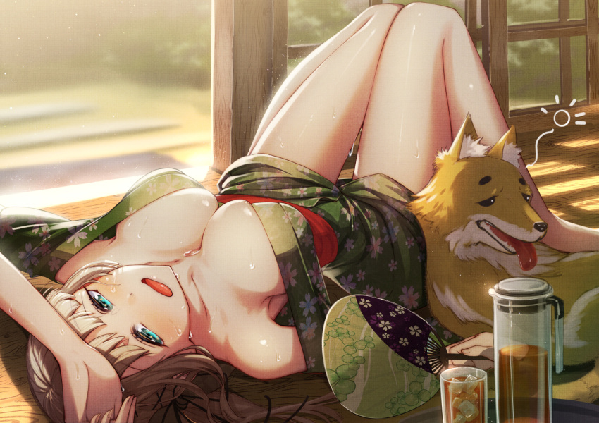 1girl animal arm_up bangs bare_legs bare_shoulders barefoot black_ribbon blue_eyes blush breasts brown_hair cleavage cluseller collarbone cup day dog drinking_glass eyebrows_visible_through_hair floral_print green_kimono hair_ribbon hand_fan hinamizawa_kurumi holding holding_fan hot ice ice_cube iced_tea indoors japanese_clothes kimono kimono_pull knees_up large_breasts long_hair low_ponytail obi off_shoulder on_floor open_mouth paper_fan print_kimono pygmalion._(group) ribbon sash solo sunlight sweat thigh_gap uchiwa wet yukata