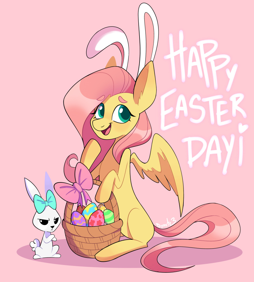 2021 absurd_res ambiguous_gender angel_(mlp) duo easter easter_egg egg equid equine eyelashes fake_ears fake_rabbit_ears female feral fluttershy_(mlp) friendship_is_magic green_eyes hair half-closed_eyes hasbro hi_res holidays lagomorph leporid looking_away mammal my_little_pony narrowed_eyes open_mouth open_smile pegasus pink_background pink_hair pink_tail rabbit reborn3580 ribbons signature simple_background smile wings yellow_body