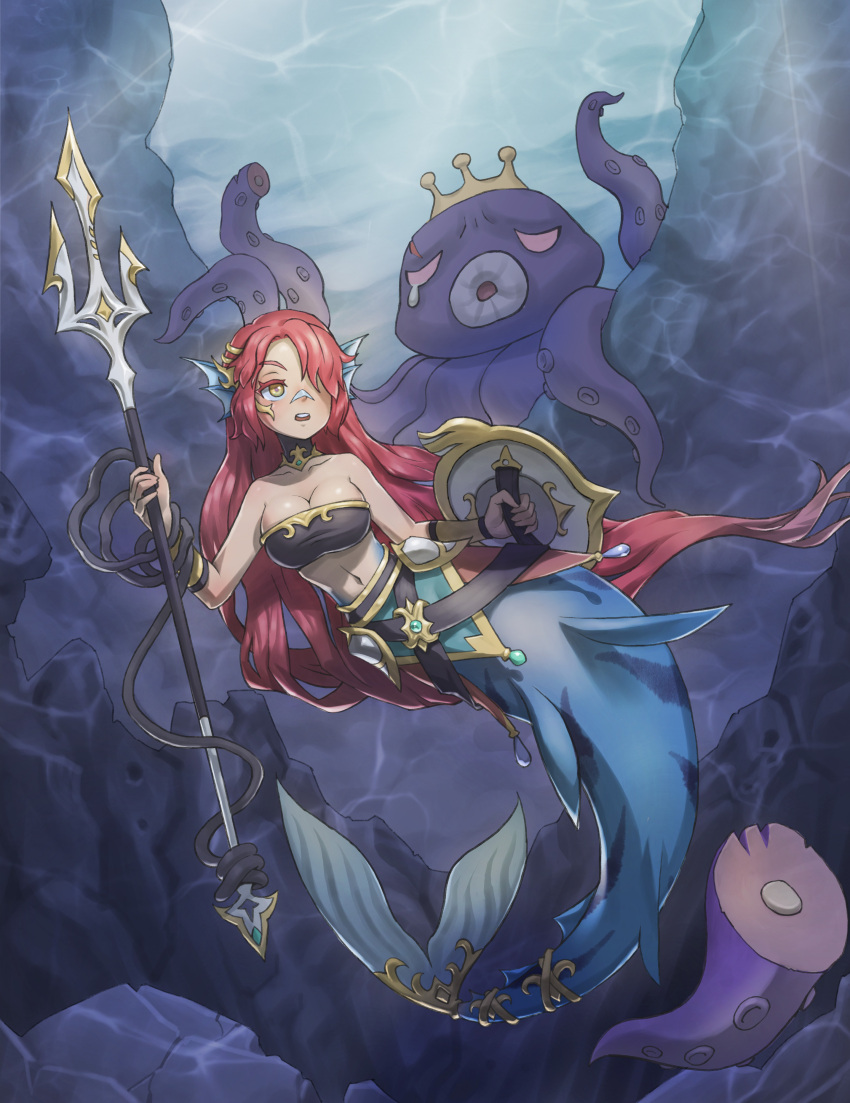 1girl absurdres bandeau bangs bare_shoulders black_bandeau breasts circlet cleavage collarbone commentary_request full_body hair_between_eyes hair_over_one_eye head_fins highres holding holding_shield holding_trident large_breasts lascalis long_hair looking_up mermaid midriff monster_girl navel octopus open_mouth original polearm red_hair rock shield sidelocks solo_focus split_tail tail tail_ornament tearing_up teeth trident underwater upper_teeth very_long_hair waistcoat weapon yellow_eyes