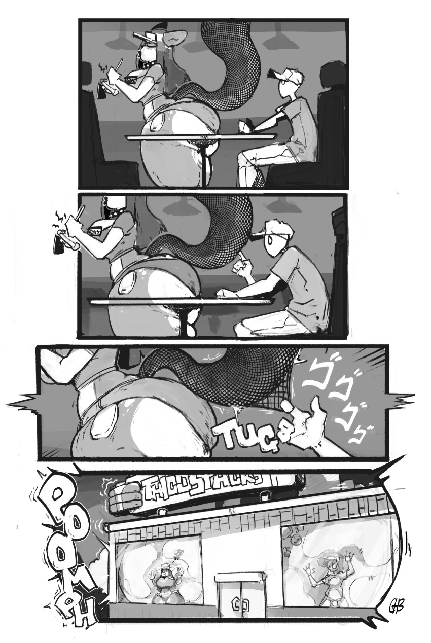absurd_res against_surface angry baseball_cap big_butt bottomwear building butt close-up clothing collar comic darkhatboy digital_media_(artwork) duo_focus faceless_character faceless_male female greyscale group hair_net hat headgear headwear hi_res hotpants huge_butt huge_thighs humanoid humor hyper hyper_tail inside male mammal midriff monochrome notebook on_glass outside pinned restaurant rodent roxie_roux sciurid shorts spiked_collar spikes thick_thighs trapped visor_cap waiter writing_text
