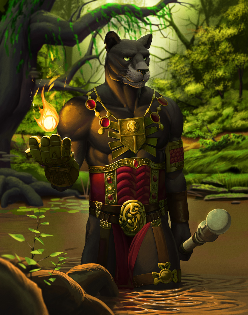 anthro armor biceps digital_media_(artwork) felid fire fireball fur gold_(metal) gold_jewelry hasbro hi_res jewelry lord_windgrace magic:_the_gathering male mammal melee_weapon muscular muscular_anthro muscular_male pantherine solo swamp tall_lizzard_(artist) water weapon wizards_of_the_coast