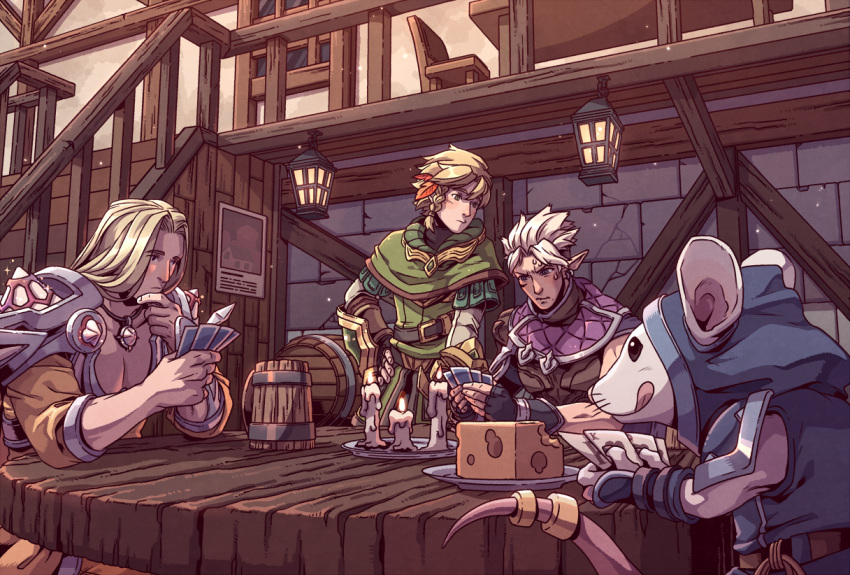 3boys armor bar barrel belt blonde_hair blush braid candle capelet card cheese cup earrings ezreal fingerless_gloves food gambling gloves hand_on_own_face holding holding_card hood hood_up indoors jewelry lantern league_of_legends long_hair male_focus mouse multiple_boys necklace pauldrons playing_card playing_games rat shirt short_hair shoulder_armor sitting stairs sweatdrop table talon_(league_of_legends) talon_blackwood tankard taric taric_luminshield tongue tongue_out twitch_(league_of_legends) twitch_shadowfoot undercut wenny02 white_hair window