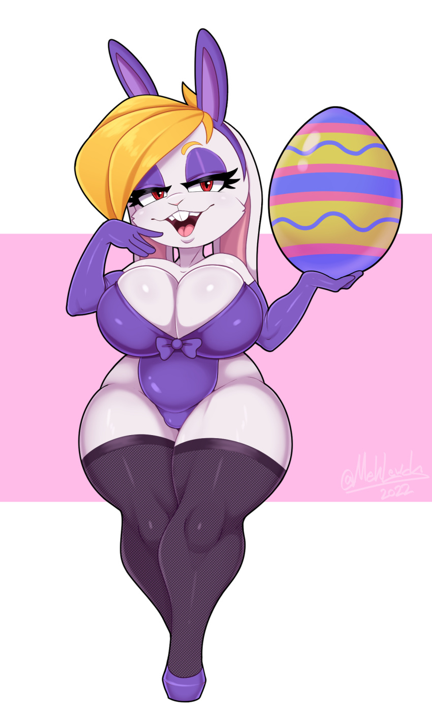 2022 anthro big_breasts blonde_hair breasts broodal buckteeth bunny_costume clothed clothing costume easter easter_egg female hair hariet_(mario) hi_res holidays huge_breasts lagomorph legwear leporid looking_at_viewer mammal mario_bros mehdrawings nintendo rabbit red_eyes solo super_mario_odyssey teeth video_games