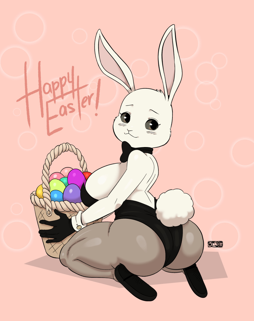 absurd_res anthro basket beastars big_breasts breasts butt clothed clothing container domestic_rabbit dwarf_rabbit easter easter_egg english_text female fur haru_(beastars) hi_res holidays joaoppereiraus lagomorph leporid looking_at_viewer looking_back looking_back_at_viewer mammal oryctolagus rabbit solo text white_body white_fur