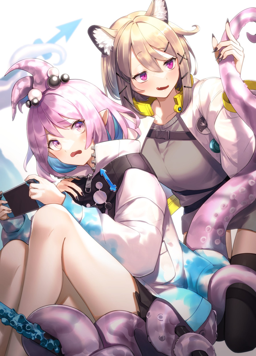 2girls absurdres animal_ear_fluff animal_ears arknights bangs belt blush breasts brown_hair commentary fang geta_(epicure_no12) hair_ornament hairclip hand_on_another's_shoulder highres jacket kirara_(arknights) looking_at_another multiple_girls nail_polish nintendo_switch open_clothes open_jacket parted_lips pink_eyes pink_hair pointy_ears purple_eyes short_hair skin_fang sweatdrop tail tentacle_grab tentacles thighhighs utage_(arknights) white_jacket