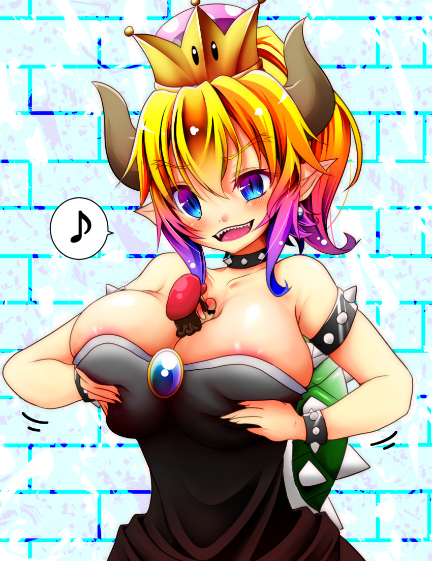 1boy 1girl blonde_hair bowsette breasts brooch choker cleavage crown fang highres humanization jewelry mario_(series) mii_aki new_super_mario_bros._u_deluxe open_mouth personification pointy_ears red_hair smile spiked_choker spikes super_crown tiara