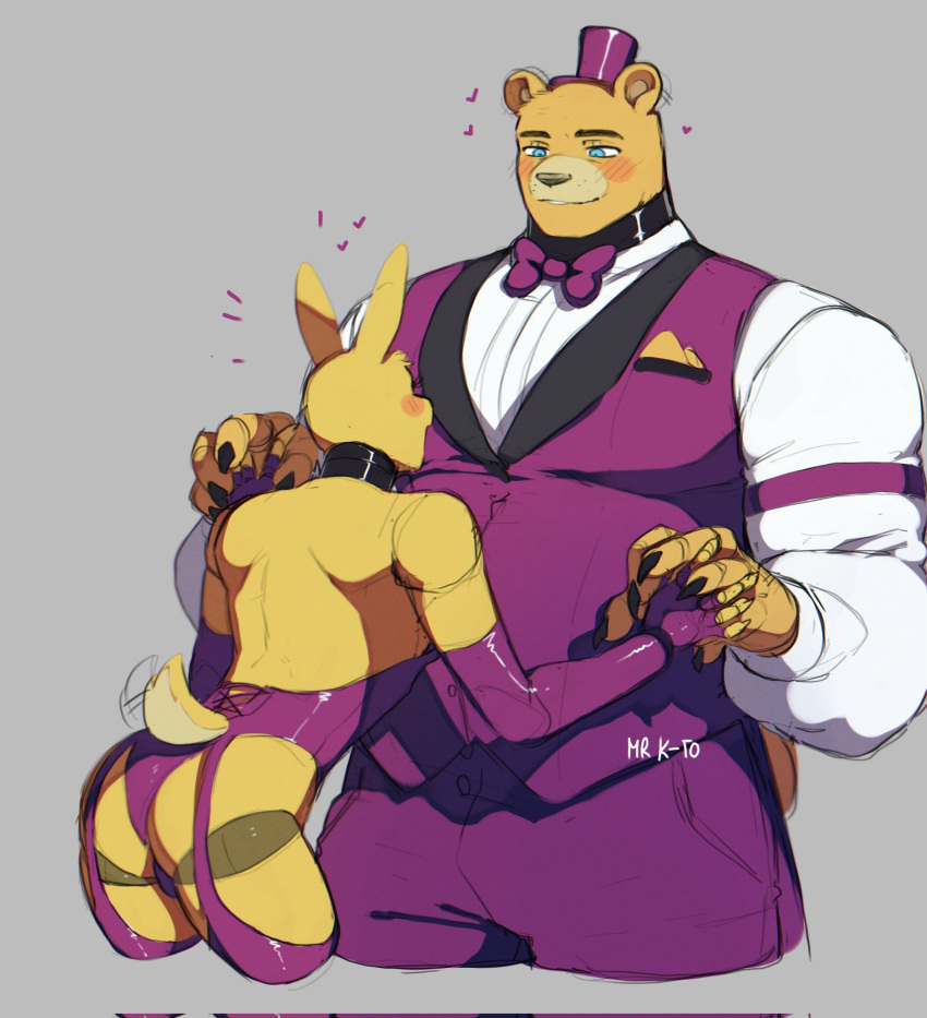 &lt;3 2022 animatronic anthro armwear artist_name blue_eyes blush bow_tie butt claws clothed clothing crossdressing digital_media_(artwork) duo elbow_gloves eyelashes fingerless_gloves fingers five_nights_at_freddy's five_nights_at_freddy's_4 fredbear_(fnaf) fur gloves grey_background hand_holding handwear hat headgear headwear hi_res kato200_0 lagomorph larger_male legwear leotard leporid long_ears machine male male/male mammal multicolored_body multicolored_fur one_eye_closed rabbit robot scottgames short_tail signature simple_background size_difference smaller_male smile spring_bonnie_(fnaf) standing stockings suit tail_motion tailwag top_hat two_tone_body two_tone_fur ursid video_games yellow_body yellow_fur