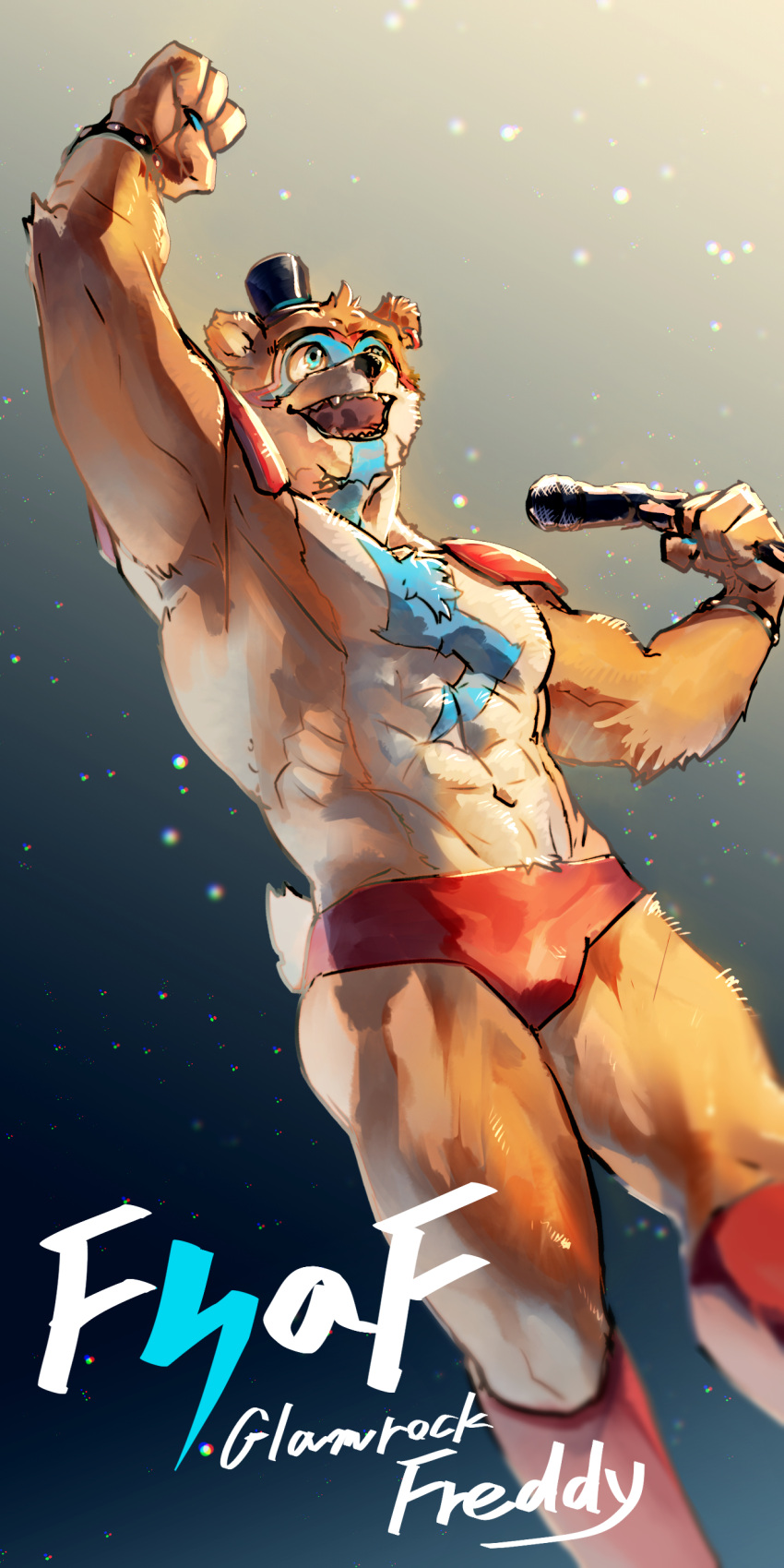 1boy abs absurdres animal_ears arm_up bara bear_boy bear_ears black_bow black_bowtie bow bowtie bracelet briefs bulge fangs feet_out_of_frame five_nights_at_freddy's freddy_fazbear furrification furry furry_male glamrock_freddy hat highres holding holding_microphone jewelry kneehighs male_focus male_underwear microphone mini_hat muscular muscular_male navel nipples p!k@ru pectorals solo spiked_bracelet spikes stomach thick_eyebrows thighs top_hat topless_male underwear unfinished