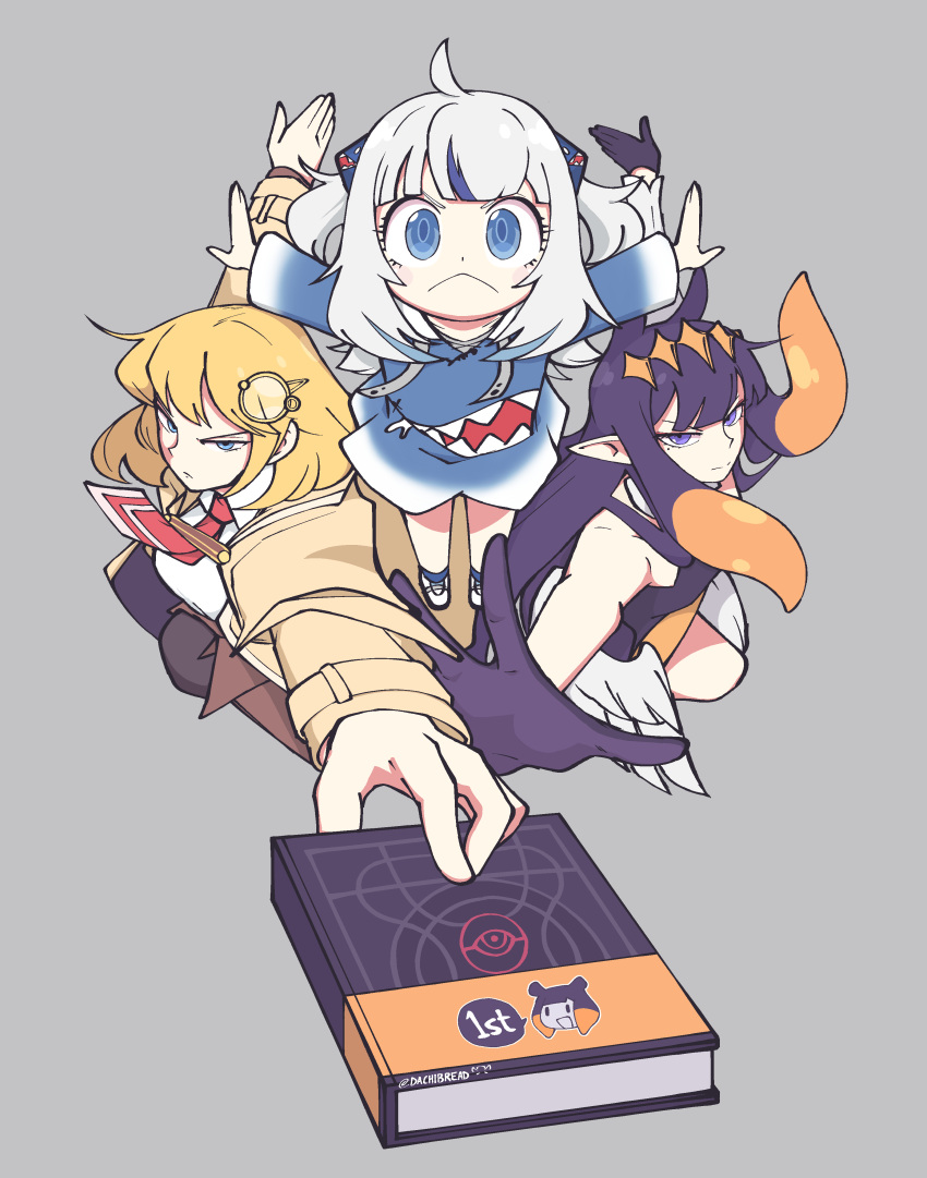 3girls :&lt; absurdres ao-chan_(ninomae_ina'nis) bangs blonde_hair blue_eyes blue_hair blunt_bangs brown_jacket commentary endou_tatsuya_(style) english_commentary gawr_gura gloves hair_ornament highres hololive hololive_english jacket long_hair looking_at_viewer low_twintails low_wings monocle_hair_ornament multicolored_hair multiple_girls necktie ninomae_ina'nis orange_hair parody pointy_ears purple_gloves purple_hair red_necktie spy_x_family streaked_hair style_parody tentacle_hair tentacles twintails two_side_up virtual_youtuber watson_amelia white_hair white_wings wings