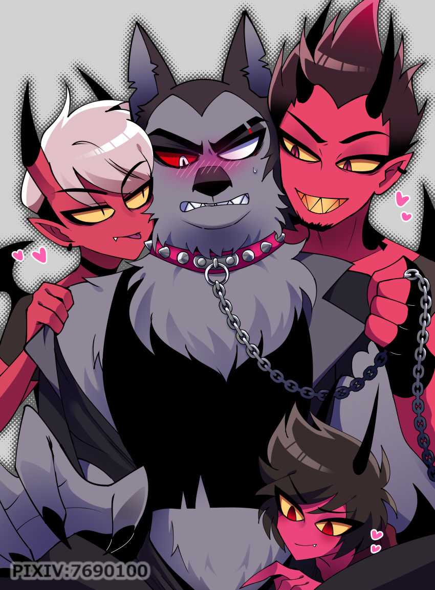 &lt;3 absurd_res ace_(helluva_boss) black_body black_fur black_hair blush canid canid_demon chain chain_leash collar demon fur grey_body grey_fur group hair hellhound helluva_boss hi_res holding_leash holding_object horn humanoid imp josh_(helluva_boss) kat_(helluva_boss) leash male male/male mammal neck_tuft red_body red_eyes red_sclera simple_background spiked_collar spikes tuft vortex_(helluva_boss) white_background white_hair yellow_sclera