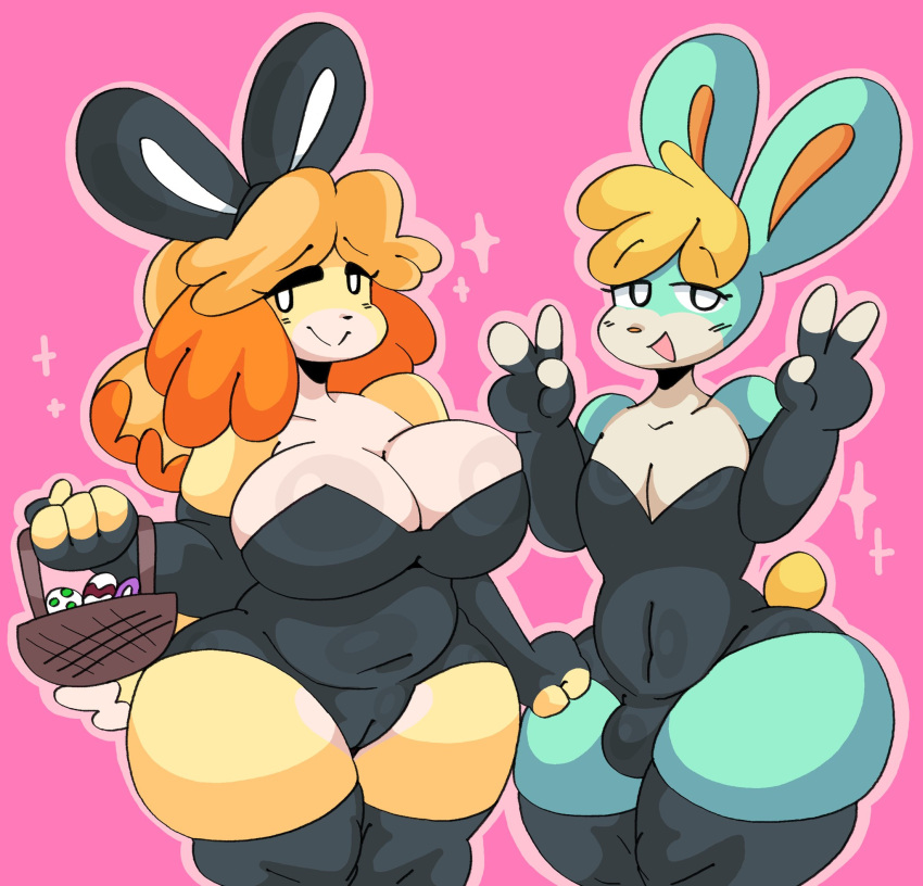 animal_crossing anthro bulge camel_toe canid canine canis domestic_dog duo female girly hi_res isabelle_(animal_crossing) lagomorph leporid lewd_dorky male mammal nintendo pink_background rabbit sasha_(animal_crossing) simple_background thick_thighs video_games