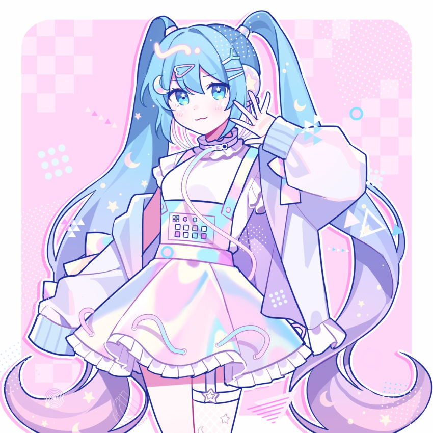 :3 bangs blue_eyes blue_hair blush bow choker closed_mouth commentary crescent crescent_hair_ornament digital_stars food-themed_hair_ornament frilled_jacket frilled_skirt frills hair_ornament hairclip hand_up hatsune_miku highres holographic_clothing iridescent jacket long_hair off_shoulder overall_skirt pink_bow pink_jacket pink_theme sidelocks single_thighhigh skirt sleeve_bow spring_onion_hair_ornament star-shaped_pupils star_(symbol) symbol-shaped_pupils thighhighs twintails very_long_hair vocaloid waka_(wk4444) white_choker white_legwear