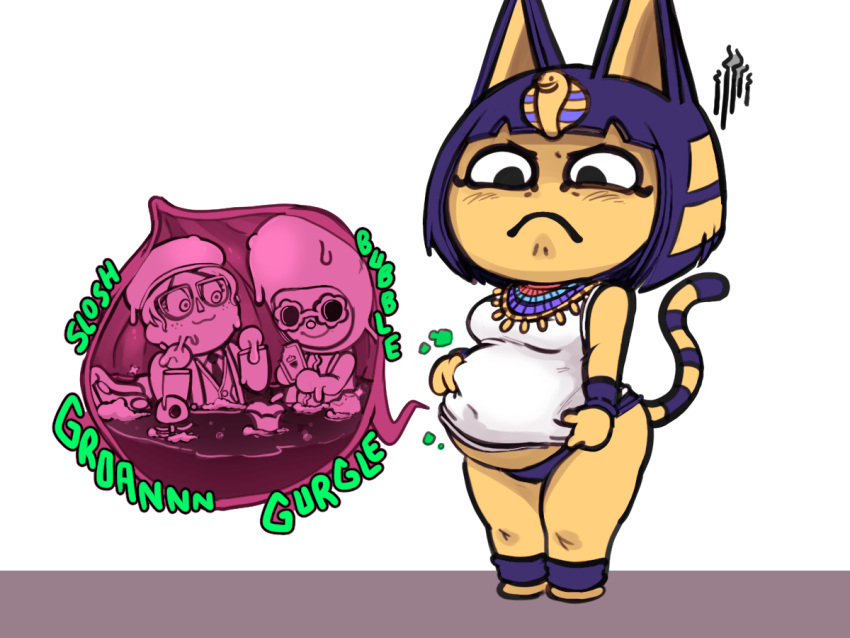 angry animal_crossing ankha_(animal_crossing) anthro anthro_pred apple_core belly bloated blue_hair bodily_fluids bone breasts cellphone clothing digestion domestic_cat emanata eyewear felid feline felis female female_pred food_in_stomach frown glasses group hair human human_prey imminent_digestion internal kalasiris larger_female macro male male_prey mammal medium_breasts melting micro mr_rattlebones multiple_prey navel_outline nintendo oral_vore organs panties phone rumbling_stomach size_difference skeleton smaller_male stomach stomach_acid thick_calves thick_thighs underwear uraeus video_games villager_(animal_crossing) vore yellow_body