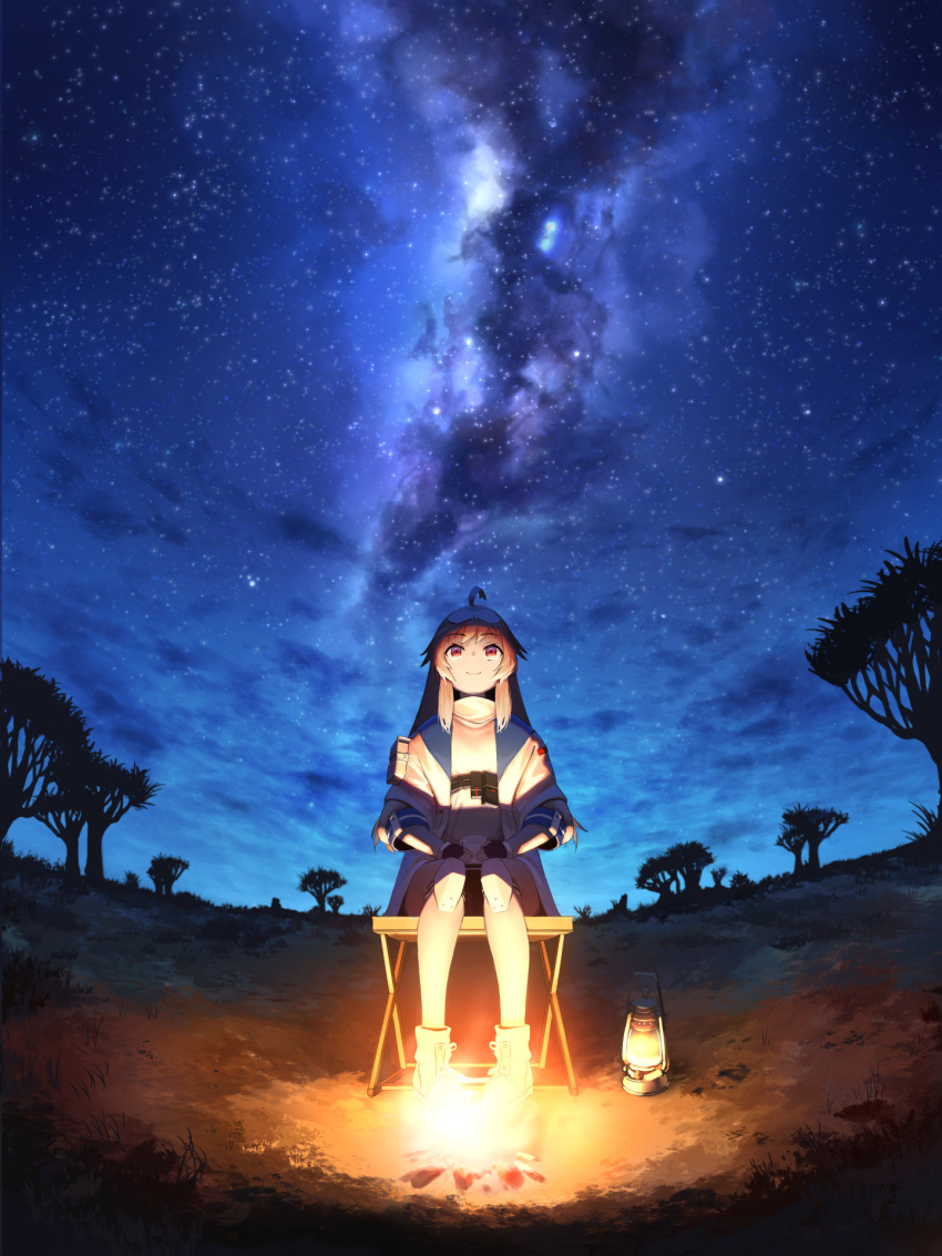 1girl antenna_hair azur_lane baobab black_gloves blonde_hair blue_jacket boots campfire camping camping_chair chair cloud columbia_(across_the_vast_prairies)_(azur_lane) columbia_(azur_lane) eyewear_on_head gloves grass hands_on_own_thighs highres jacket lantern long_hair looking_up milky_way night night_sky official_alternate_costume outdoors red_eyes savannah shirt sitting sky smile solo star_(sky) starry_sky sunglasses white_footwear white_shirt yohia