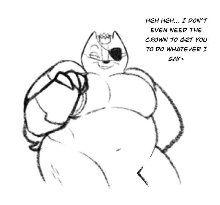 anthro badger badgerclops belly capartist cartoon_network crown cybernetics cyborg eye_patch eyewear genitals grin hi_res machine male mammal mao_mao:_heroes_of_pure_heart mechanical_arm musclegut mustelid musteline navel pecs penis penis_base smile solo