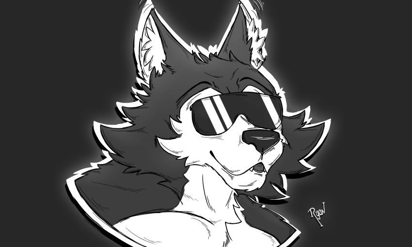 absurd_res anthro beastars black_and_white canid canine canis eyewear furrytober hi_res icon kuma_richards legoshi_(beastars) male mammal monochrome muscular solo sunglasses wolf