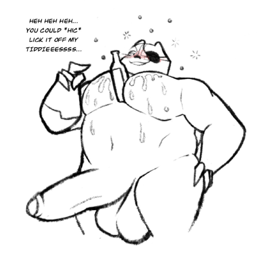 alcohol anthro badger badgerclops balls belly beverage big_penis blush bottle capartist cartoon_network claws english_text erection eye_patch eyewear flirting foreskin genitals hi_res huge_penis hyper hyper_genitalia hyper_penis male mammal mao_mao:_heroes_of_pure_heart musclegut mustelid musteline pecs penis text