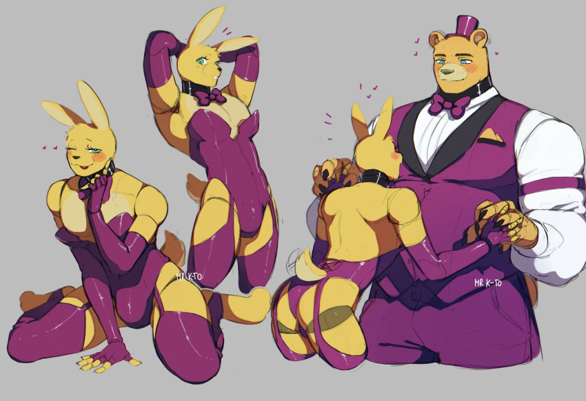 &lt;3 2022 animatronic anthro armwear artist_name blue_eyes blush bow_tie buckteeth bulge butt claws clothed clothing crossdressing digital_media_(artwork) duo elbow_gloves eyelashes feet fingerless_gloves fingers five_nights_at_freddy's five_nights_at_freddy's_4 fredbear_(fnaf) fur gloves grey_background hand_holding hands_behind_head handwear hat headgear headwear hi_res kato200_0 kneeling lagomorph larger_male legwear leotard leporid long_ears looking_at_viewer machine male male/male mammal multicolored_body multicolored_fur one_eye_closed rabbit robot scottgames short_tail signature simple_background size_difference smaller_male smile spring_bonnie_(fnaf) standing stockings suit tail_motion tailwag teal_eyes teeth toes tongue top_hat two_tone_body two_tone_fur ursid video_games wink winking_at_viewer yellow_body yellow_fur