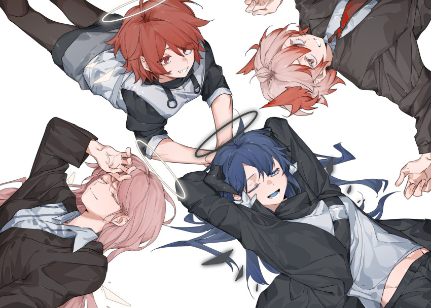 4girls :d arknights arm_up arms_behind_head arms_up black_jacket black_legwear black_skirt blue_eyes blue_hair closed_eyes closed_mouth collared_shirt detached_wings energy_wings exusiai_(arknights) fiammetta_(arknights) grey_jacket grey_shirt hair_between_eyes halo hand_on_forehead highres horns jacket lemuen_(arknights) long_hair lying miniskirt molu_stranger mostima_(arknights) multicolored_hair multiple_girls necktie on_back on_stomach one_eye_closed open_clothes open_jacket pantyhose parted_lips pink_hair red_eyes red_hair red_necktie shirt short_hair short_sleeves skirt smile striped striped_shirt two-tone_hair vertical-striped_shirt vertical_stripes wings