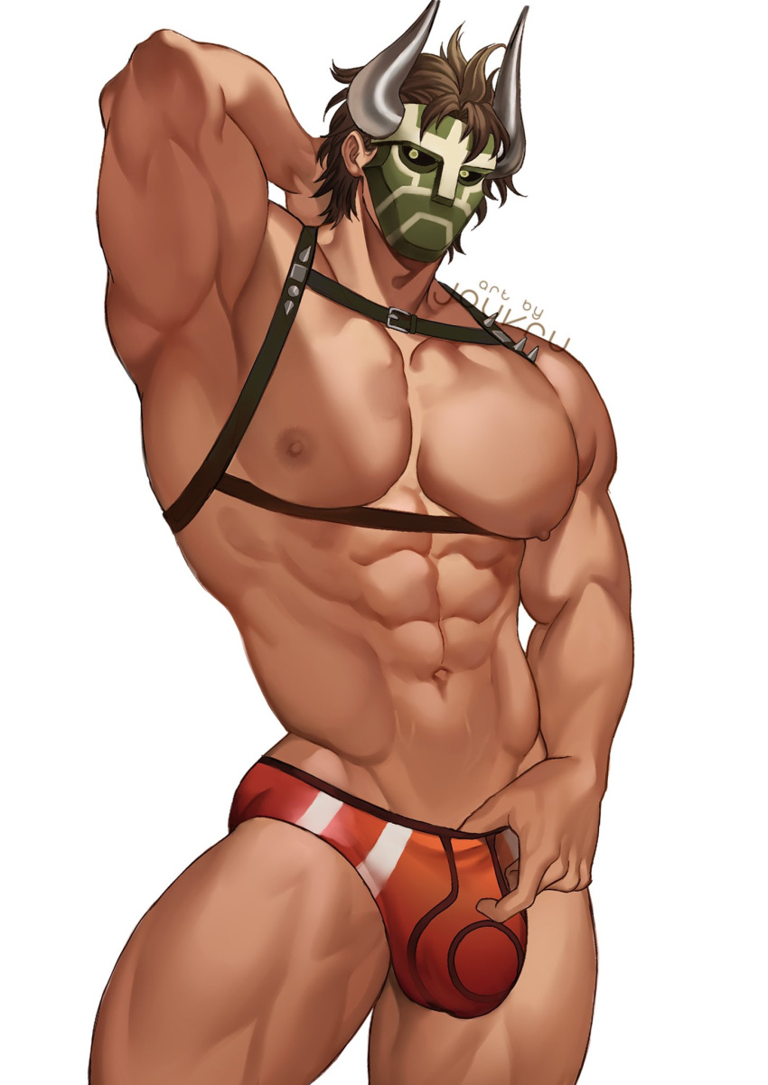 1boy abs alternate_costume alternate_pectoral_size armpits bara bare_pectorals brown_hair bulge character_request chest_harness commission cross-laced_cutout crotch_cutout feet_out_of_frame fire_emblem hand_on_own_neck harness highres horned_mask jouvru large_bulge large_pectorals looking_at_viewer male_focus male_swimwear male_swimwear_pull mask muscular muscular_male navel nipples orange_male_swimwear pectorals short_hair solo stomach swim_briefs thick_thighs thighs underbust