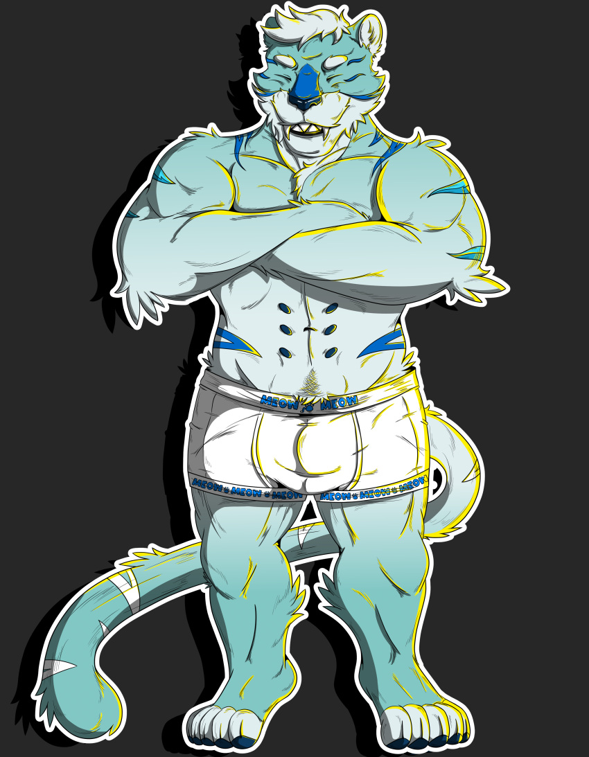 absurd_res anthro blue bulge clothing felid hi_res invalid_tag kuma_richards male mammal pantherine sabertoothed_tiger smile solo tiger underwear