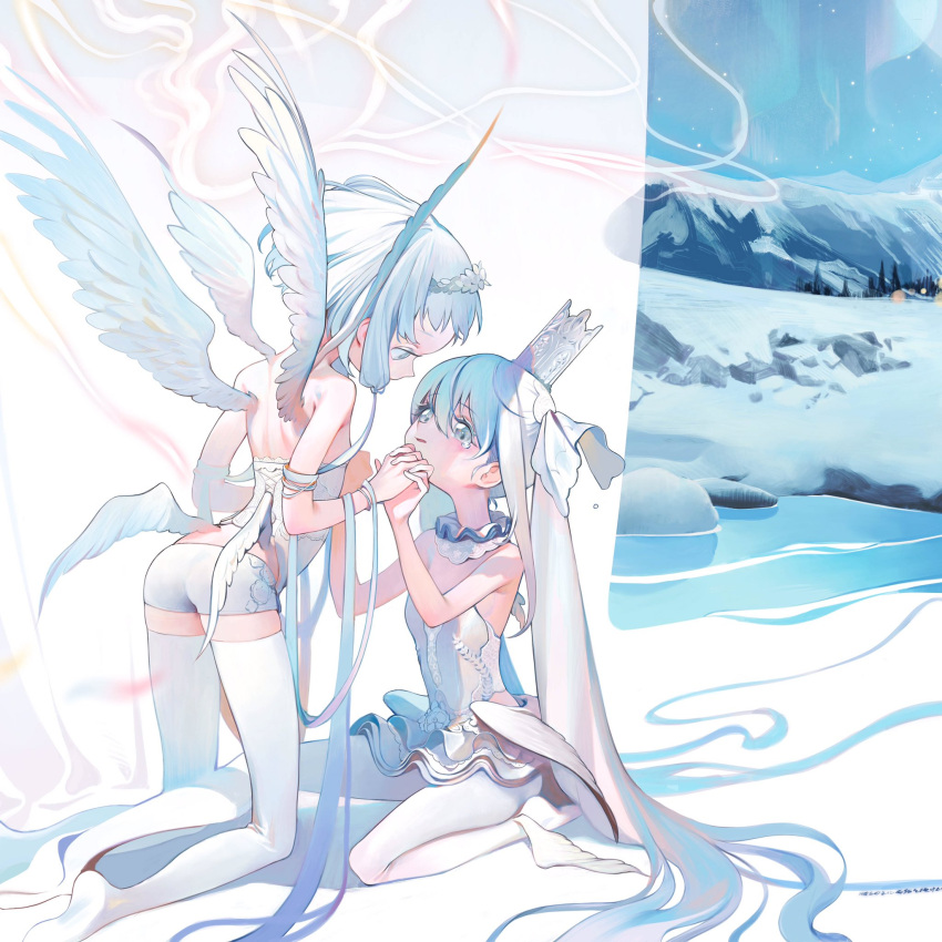 2girls angel angel_wings ass aurora back bare_shoulders blush breasts crown detached_collar dress feathers full_body grey_eyes hair_ornament highres holding_hands interlocked_fingers kaede_(shijie_heping) kneeling leg_wings long_hair looking_at_another low_wings multiple_girls multiple_wings night night_sky original pantyhose parted_lips seraph short_shorts shorts sitting sky sleeveless sleeveless_dress small_breasts snow star_(sky) starry_sky tearing_up thighhighs tiara twintails very_long_hair water white_dress white_hair white_legwear white_shorts white_wings wings