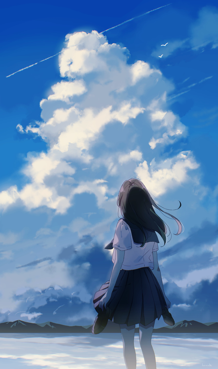 1girl absurdres blue_sky cloud cloudy_sky hanako151 highres long_hair looking_away mountain neckerchief original pleated_skirt sailor_collar scenery school_uniform serafuku short_sleeves skirt sky solo