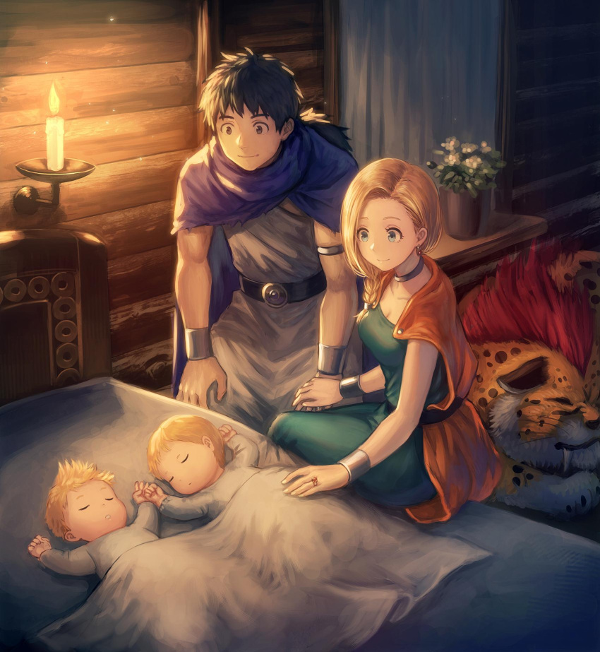 2boys 2girls anbe_yoshirou bed belt bianca_(dq5) black_hair blonde_hair blue_eyes borongo braid breasts cape choker cleavage couple dragon_quest dragon_quest_v earrings father_and_daughter father_and_son hair_over_shoulder hero's_daughter_(dq5) hero's_son_(dq5) hero_(dq5) highres jewelry large_breasts long_hair looking_at_another low_ponytail mother_and_daughter mother_and_son multiple_boys multiple_girls on_bed orange_cape purple_cape ring siblings single_braid sitting sitting_on_bed sleeping smile twins