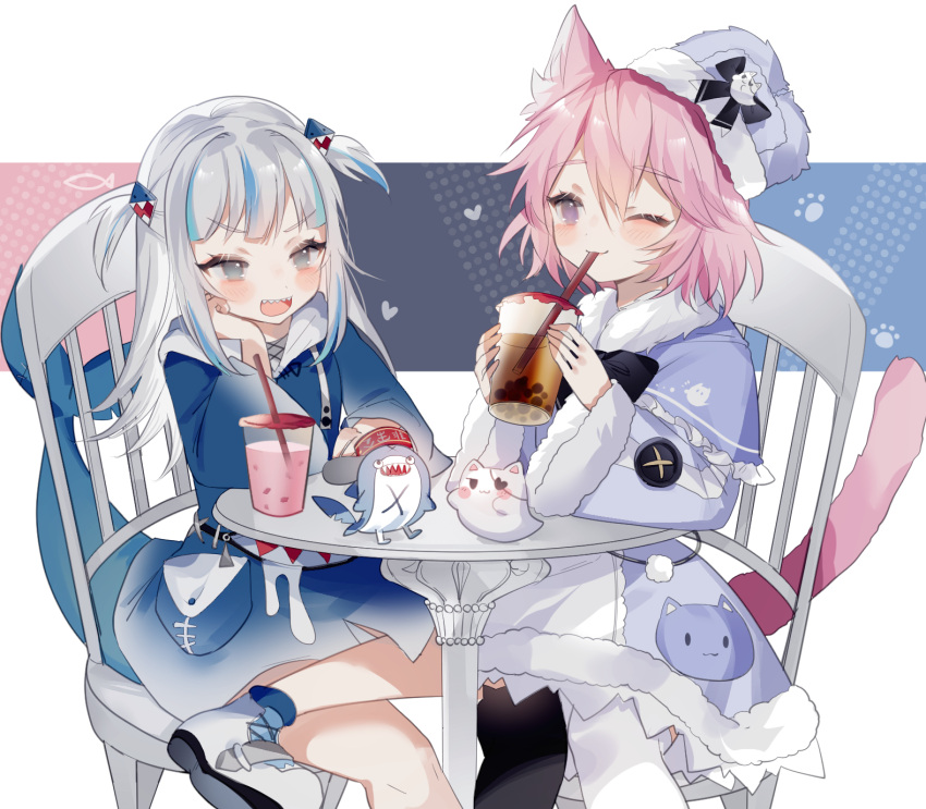 2girls animal_ears bloop_(gawr_gura) cat_girl cup drinking_straw fish_tail fur_hat gawr_gura hat highres hololive hololive_english multiple_girls nyatasha_nyanners shark_girl shark_tail sharp_teeth short_hair sitting sorani_(kaeru0768) tail teeth ushanka virtual_youtuber vshojo