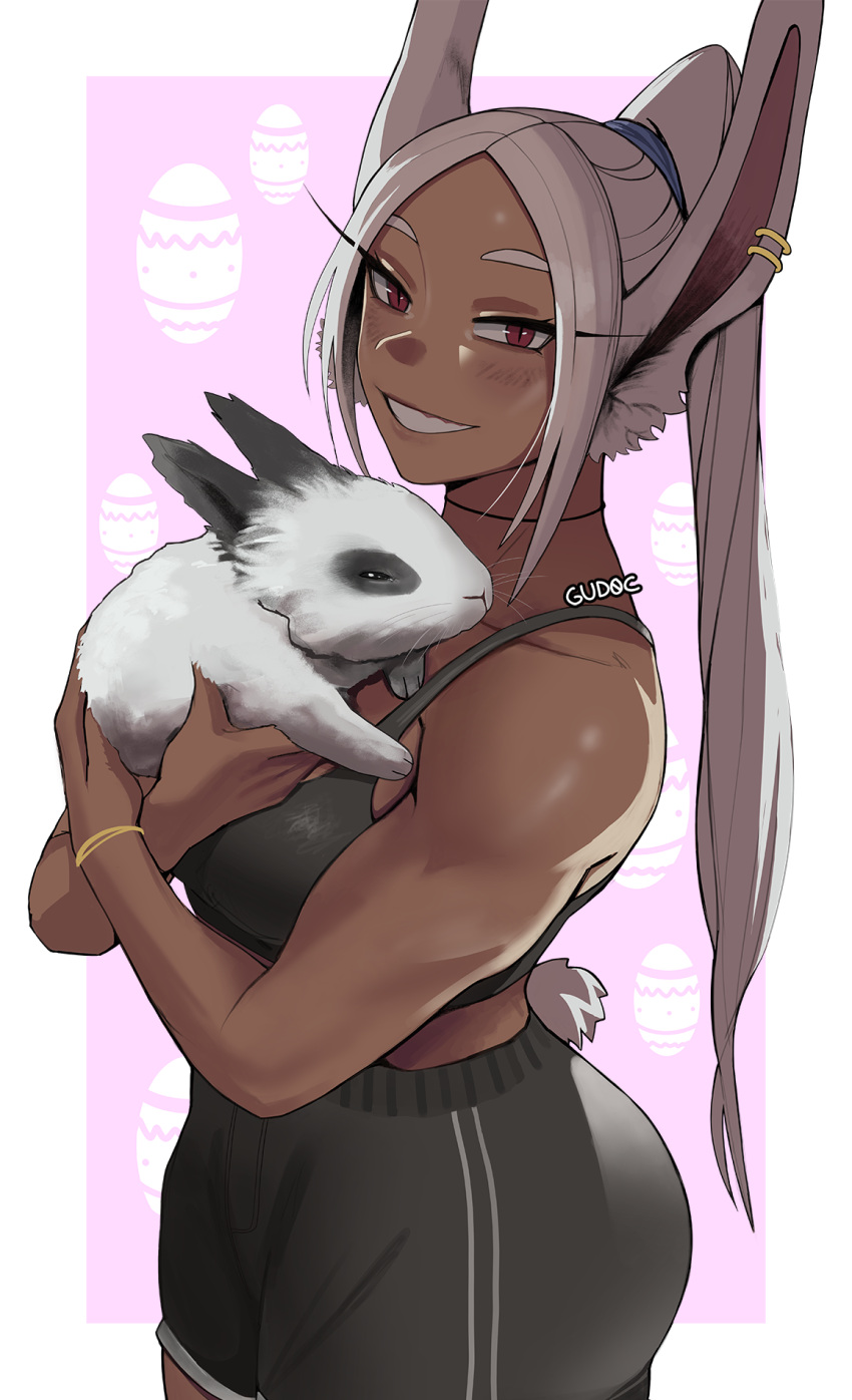 1girl alternate_hairstyle animal animal_ears bangs black_shorts black_sports_bra blush boku_no_hero_academia border bracelet breasts bunny choker dark-skinned_female dark_skin ear_piercing easter forehead grey_hair gud0c highres holding holding_animal holding_bunny jewelry large_breasts long_eyelashes long_hair looking_at_viewer mirko muscular muscular_female outside_border parted_bangs piercing pink_background ponytail rabbit_ears rabbit_girl rabbit_tail ribbon_choker shorts simple_background slit_pupils smile solo_focus sports_bra tail white_border