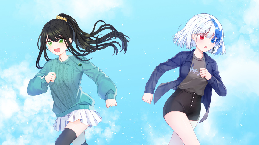 2girls aran_sweater bangs black_hair black_legwear black_shorts blue_eyes blue_hair blue_jacket blue_sky blue_sweater breasts brown_scrunchie cloud commission day eyebrows_visible_through_hair floating_hair green_eyes grey_shirt hair_between_eyes hair_ornament hair_scrunchie heterochromia highres jacket jewelry long_hair long_sleeves mamel_27 multicolored_hair multiple_girls open_clothes open_jacket original outdoors pendant pleated_skirt ponytail puffy_long_sleeves puffy_sleeves red_eyes scrunchie shirt short_shorts shorts skirt sky sleeves_past_wrists small_breasts sweater thighhighs two-tone_hair white_hair white_skirt