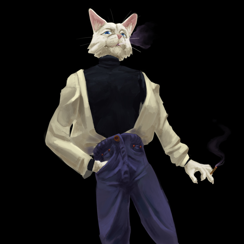 70s anthro avalath_tiger blue_eyes classy claws clothed clothing domestic_cat drugs elegant felid feline felis fur hi_res male mammal marijuana skinny smoke smoking solo tucked_tail turtleneck white_body white_fur