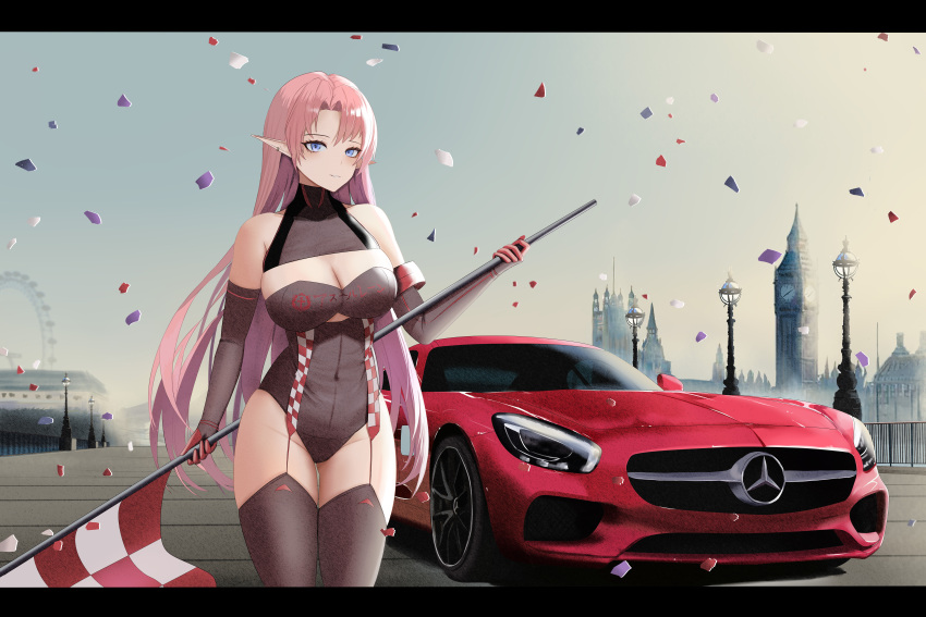 absurdres azur_lane breasts car checkered_flag cleavage confetti duke_of_york_(azur_lane) duke_of_york_(prestige_of_the_glorious_formula)_(azur_lane) elbow_gloves elizabeth_tower flag garter_straps gloves ground_vehicle highres holding kcar66t large_breasts leotard mercedes-benz motor_vehicle official_alternate_costume pink_hair pointy_ears product_placement race_queen thighhighs