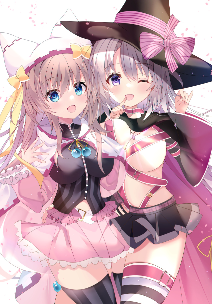 2girls :d absurdres animal_hat ayachi_nene bangs belt belt_buckle black_headwear black_legwear black_skirt blue_eyes bow breasts brown_hair buckle buttons cape capelet cleavage commentary_request eyebrows eyebrows_visible_through_hair gem hair_between_eyes hakugan hand_to_own_mouth hat hat_bow highres jewelry large_breasts leg_garter long_hair looking_at_viewer multicolored_cape multicolored_clothes multiple_girls necklace object_on_breast one_eye_closed open_mouth pink_bow pink_skirt pleated_skirt purple_eyes red_belt ribbon sanoba_witch shiiba_tsumugi sidelocks silver_hair skirt smile standing striped striped_bow striped_legwear thighhighs translation_request vertical-striped_legwear vertical_stripes white_background witch_hat yellow_ribbon