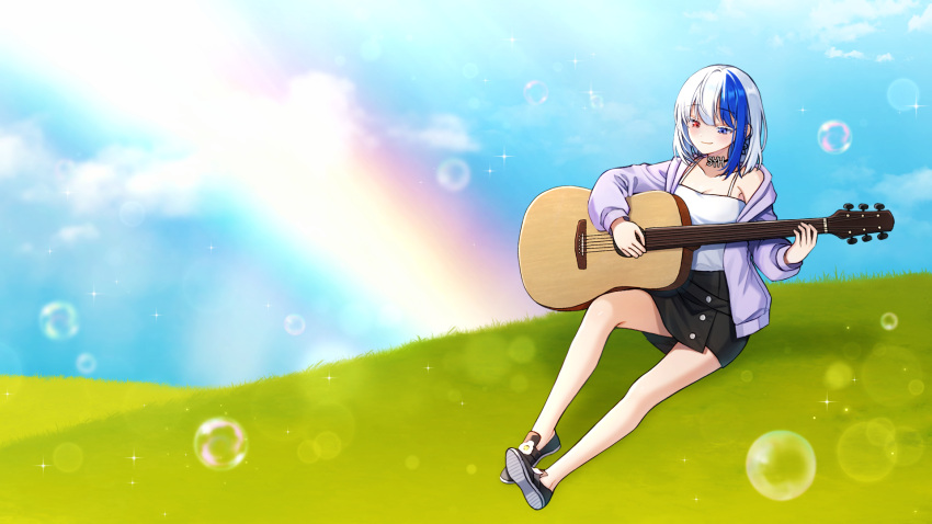 1girl black_footwear black_skirt blue_eyes blue_hair blue_sky bubble camisole cloud collarbone colored_eyelashes commission day guitar heterochromia highres holding holding_instrument instrument jacket long_sleeves mamel_27 multicolored_hair on_grass open_clothes open_jacket original outdoors puffy_long_sleeves puffy_sleeves purple_jacket rainbow red_eyes shoe_soles shoes silver_hair sitting skirt sky solo two-tone_hair white_camisole