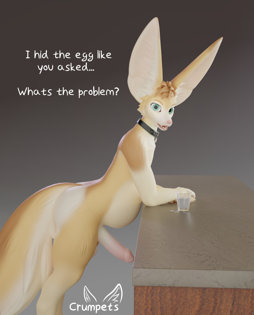 3d_(artwork) absurd_res anthro belly big_belly bodily_fluids canid canine crumpets_fennec crumpetsfennec cum cum_in_a_cup dialogue digital_media_(artwork) easter egg egg_hunt english_text fennec foreskin fox genital_fluids genitals hi_res holidays male mammal oviposition penis solo text