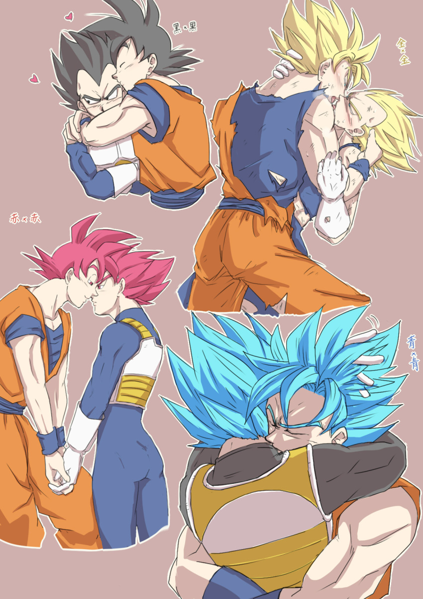 2boys armor bara black_bodysuit black_hair blonde_hair blue_bodysuit blue_hair blush bodysuit chest_armor closed_eyes closed_mouth couple dragon_ball dragon_ball_super dragon_ball_z eye_contact french_kiss fuoore_(fore0042) gloves heart highres holding_hands hug kiss looking_at_another male_focus multiple_boys muscular muscular_male open_mouth red_eyes red_hair saiyan saiyan_armor saliva saliva_trail short_hair son_goku spiked_hair super_saiyan super_saiyan_1 super_saiyan_blue super_saiyan_god tongue tongue_out torn_clothes translation_request vegeta white_gloves yaoi