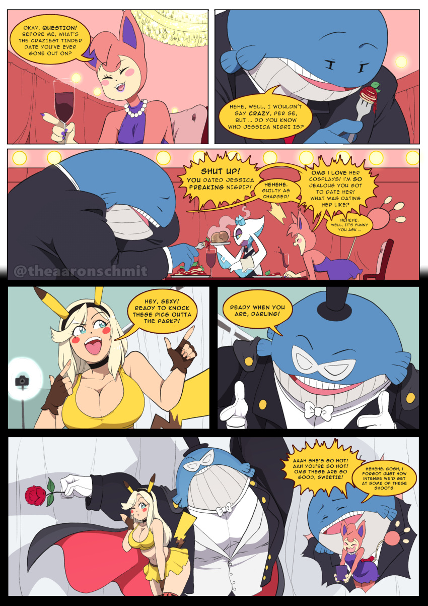 aaron_schmit absurd_res anthro big_breasts bottomwear breast_size_difference breasts cleavage clothed clothing comic dialogue english_text female froslass hi_res larger_male male miniskirt nintendo pok&eacute;mon pok&eacute;mon_(species) size_difference skirt skitty smaller_female text tinder_skitty tinder_wailord video_games wailord