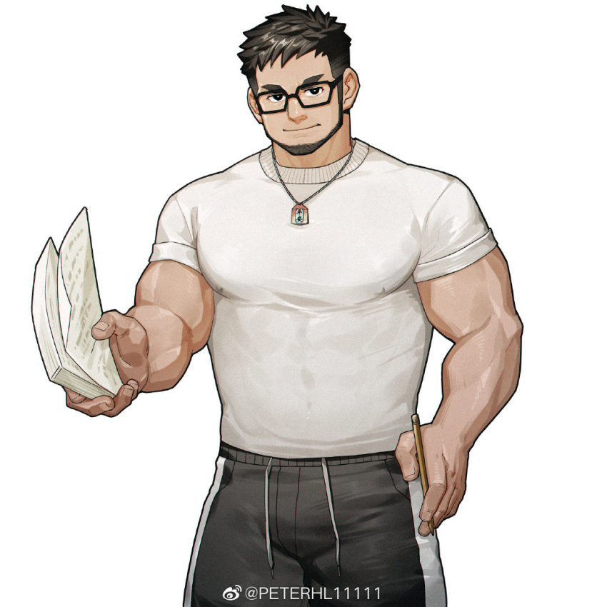 1boy bara beard closed_mouth commentary_request covered_nipples facial_hair glasses holding large_pectorals long_sideburns looking_at_viewer male_focus mature_male muscular muscular_male original pectorals peterhl shirt sideburns smile solo white_shirt