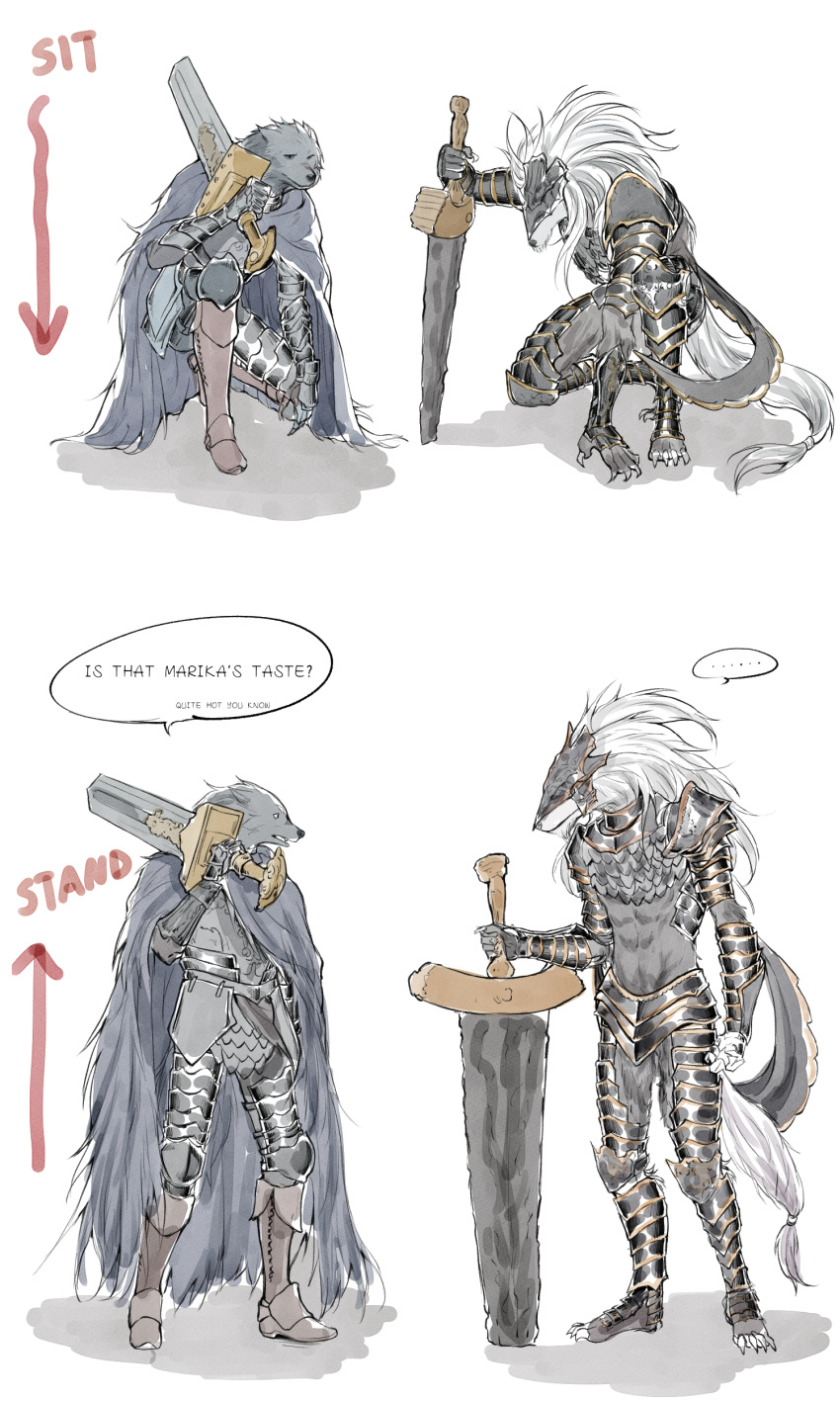 absurd_res anthro armor blaidd_(elden_ring) canid canine duo elden_ring fromsoftware hi_res male male/male maliketh_(elden_ring) mammal melee_weapon speech_bubble sword video_games weapon