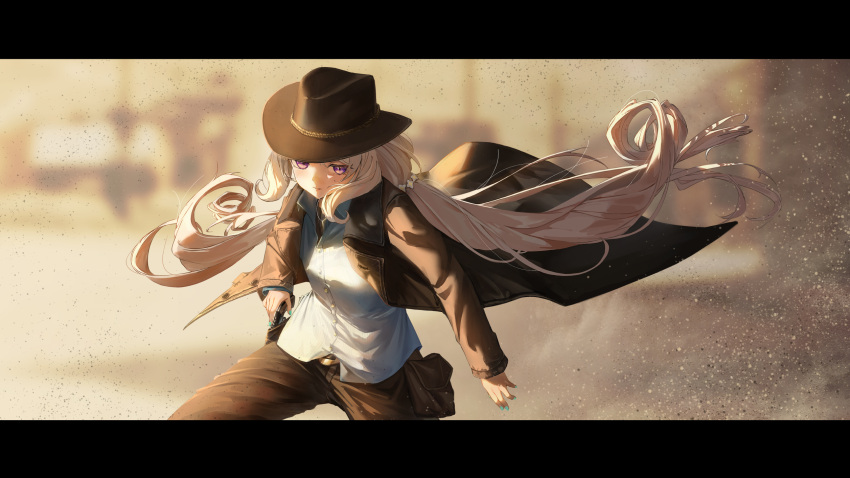 1girl alternate_costume belt_buckle blonde_hair blue_nails buckle coat collared_shirt cowboy_hat cowboy_western duster enna_alouette fingernails floating_hair gun hat highres holding holding_gun holding_weapon holster issun_boushi_(taku37taku) letterboxed long_hair nijisanji nijisanji_en open_clothes open_coat pants purple_eyes shirt solo virtual_youtuber weapon white_shirt