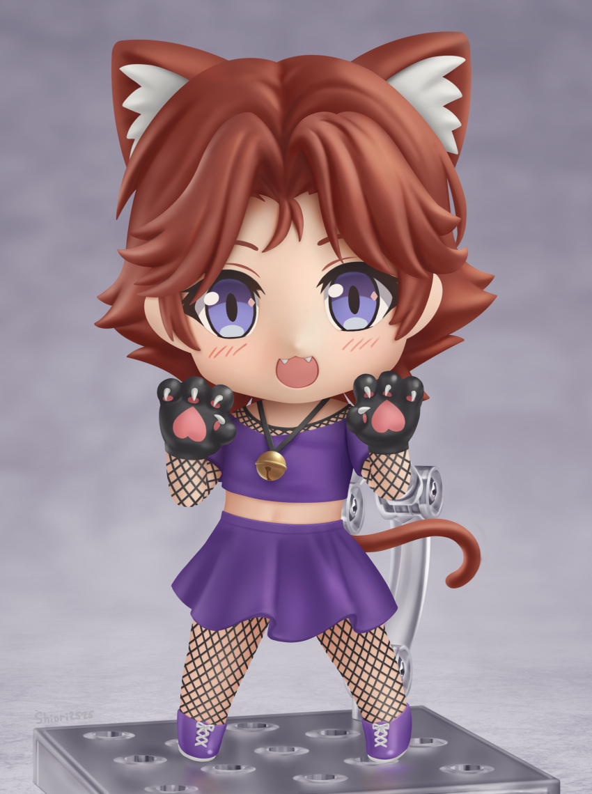 1boy :3 absurdres animal_ears animal_hands artist_name bangs bell blue_eyes blush brown_hair cat_boy cat_ears cat_paws cat_tail catboy_jerma chibi commission commissioner_upload crop_top extra_ears fangs faux_figurine fishnet_legwear fishnet_top fishnets full_body highres jerma985 looking_at_viewer neck_bell nendoroid open_mouth pantyhose parted_bangs purple_skirt shiori2525 short_hair skirt smile solo tail