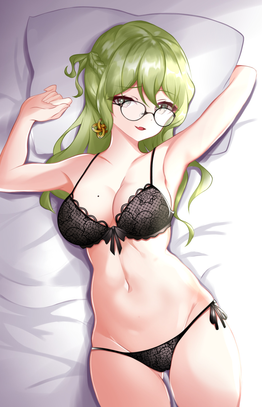 1girl absurdres armpits arms_up black_bra black_panties blush bow bow_bra bra braid breasts cleavage cowboy_shot earrings fang glasses green_eyes green_hair groin highres honkai_(series) honkai_impact_3rd jewelry lace-trimmed_bra lace_trim long_hair looking_at_viewer lying medium_breasts midriff mobius_(honkai_impact) mole mole_on_breast naughty_face navel on_back on_bed panties penguin_uwu side-tie_panties slit_pupils smile solo thighs underwear underwear_only